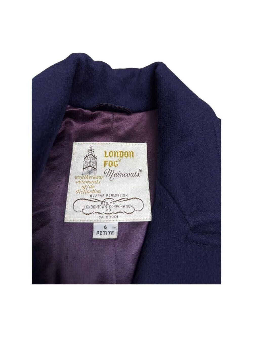 LONDON FOG Maincoats Vintage Retro Blue Business Winter Pea Coat Womens 6 Petite - Picture 3 of 7